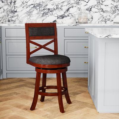 24" Counter Height Swivel Stool, Cherry Finish, Lovely Charcoal Fabric Seat Finish. Seat. Construction. 360-degree Function. Thick Foam Cushion. Flared Legs For Stability
