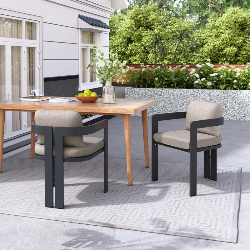 Ensemble de 2 chaises de patio pour l'extérieur, finition aluminium noir avec coussin beige, Brun