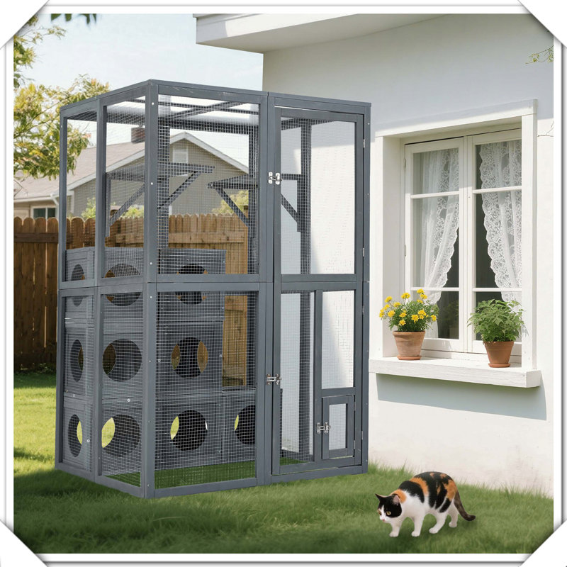 Tablettes d'escalade d'extérieur en bois de pin résistant aux intempéries avec portes doubles, Gris / Blanc