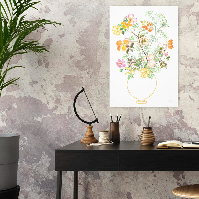 Art contemporain contemporain coloré délicat avec fleur rose délicate, 24" H x 16" W