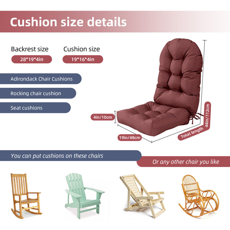 One-Piece Adirondack Chair Cushion Set - Easy-On Design, Waterproof 4” Thick Seat & Back, Non-Slip Bottom & UV Protection for Outdoor Rocking Chairs (44x19 Inch), Burgundy