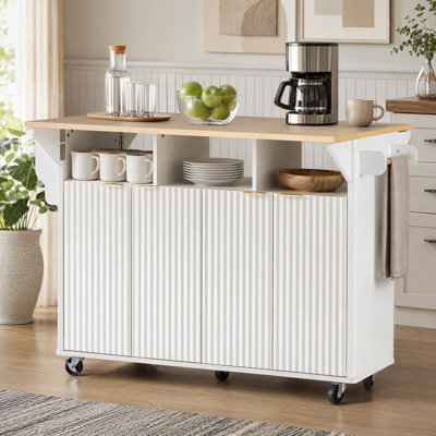 Fluted Kitchen Island with 2 Drop Leaf, Power Outlet