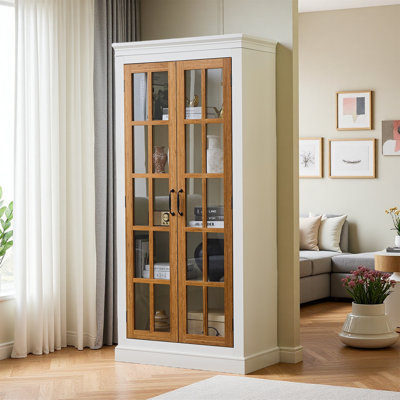 Rustic Style Display Cabinet With Glass Doors – Tall Curio Cabinet For Collectibles, Figures And Trophies