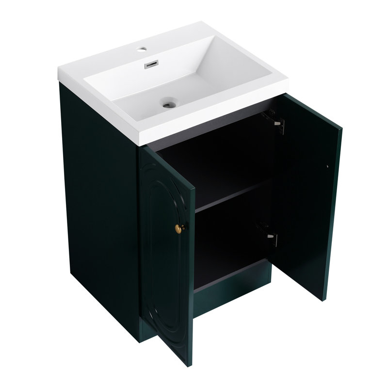 Meuble-lavabo autoportant de 24 po avec lavabo en résine blanche et 2 portes d'armoire à fermeture en douceur. Conception moderne pour la salle de bain. Matériau en contreplaqué. Couleur foncée. Armoire à tablette réglable incluse. Lavabo. Intemporel