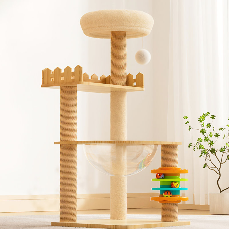 Tour à chat 39,3 po en bois moderne avec condo, poteaux à griffer en sisal et hamac en acrylique pour chats d'intérieur