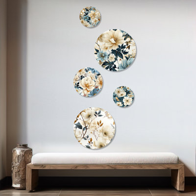 Harmonie de coquelicots blancs et bleus I - ensemble d'art mural floral rond de 5