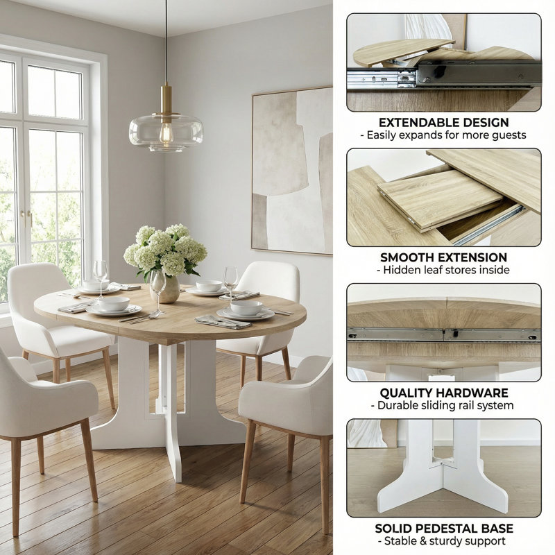 Farmhouse Extendable Oval Dining Table with Removable Leaf, 59x43 Inch Kitchen Table with X-Shaped Trestle Base in White