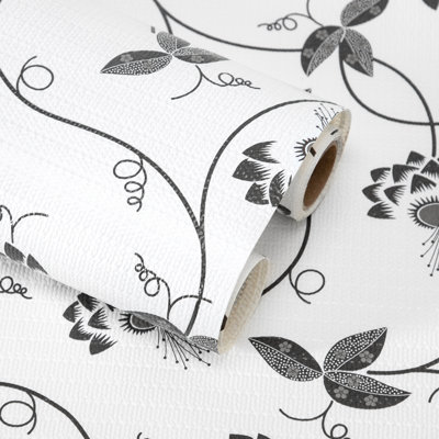 Doublure de tablette, doublures d'armoire antidérapantes non adhésives, doublures de tiroirs, feuille florale noire et blanche, 12 po x 10 pi (120 po)