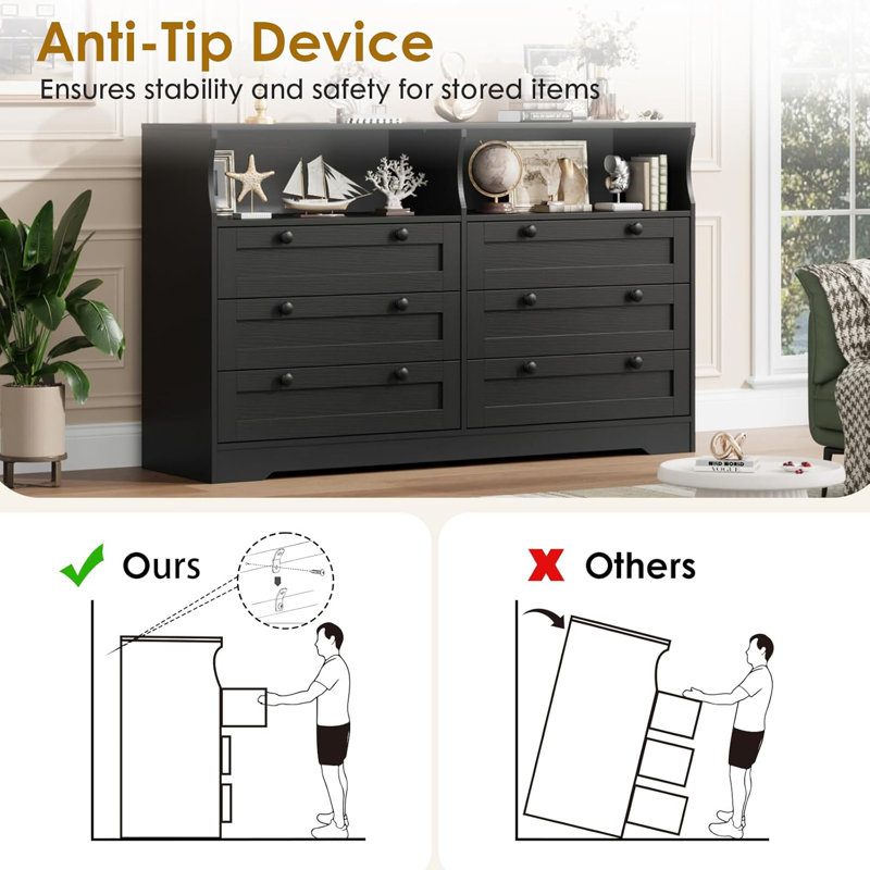 Dresser for Bedroom, Large Wooden Dresser with 6 Drawer, 55 Inch Tv Stand Dressers for Bedroom with Power Outlet, Black