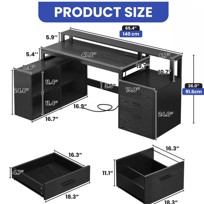 Balconera 65'' L Shaped Desk With Power Outlets, LED Lights & Monitor Stand, Black