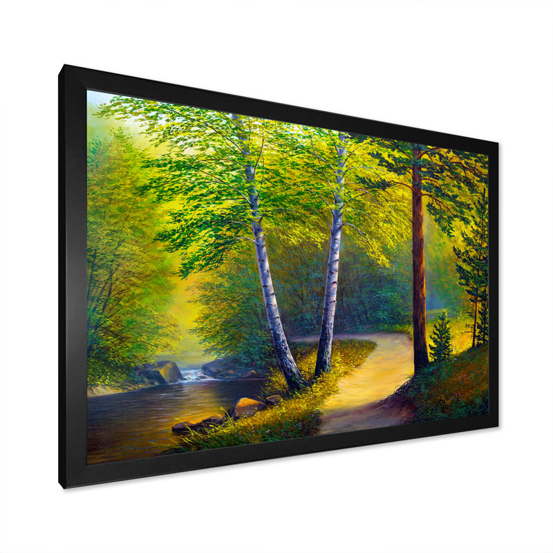 Paysage de forêt sur la rivière Summer III - œuvre d'art traditionnelle sur toile, Impression noire sur toile encadrée