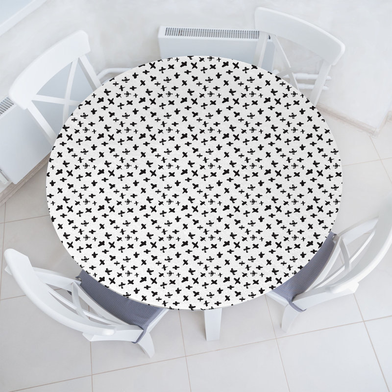 Ebern Designs Black and White Fitted Round Tablecloth Diameter Black White