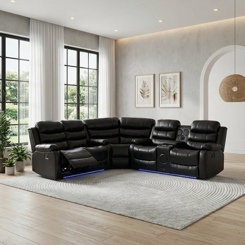 3 Piece Faux Leather Reclining Sectional with LED Lighting, Bluetooth Speaker & Charging Console, Black