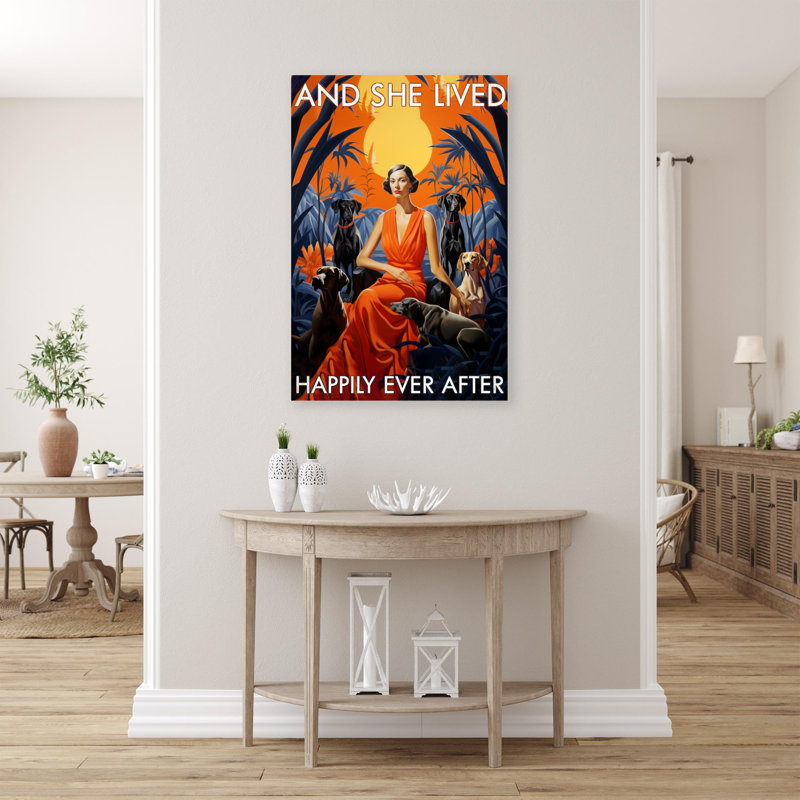 «Dogs And She Lived Happily», reproduction d'art graphique sur toile tendue 1 pièce, L 24 po x H 36 po
