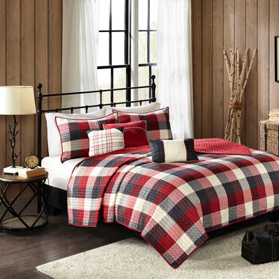 Courtepointe 6 pièces en rouge, double / grand, imprimé à chevrons, écossais Buffalo, coussins décoratifs à carreaux froissés, lavable à la machine