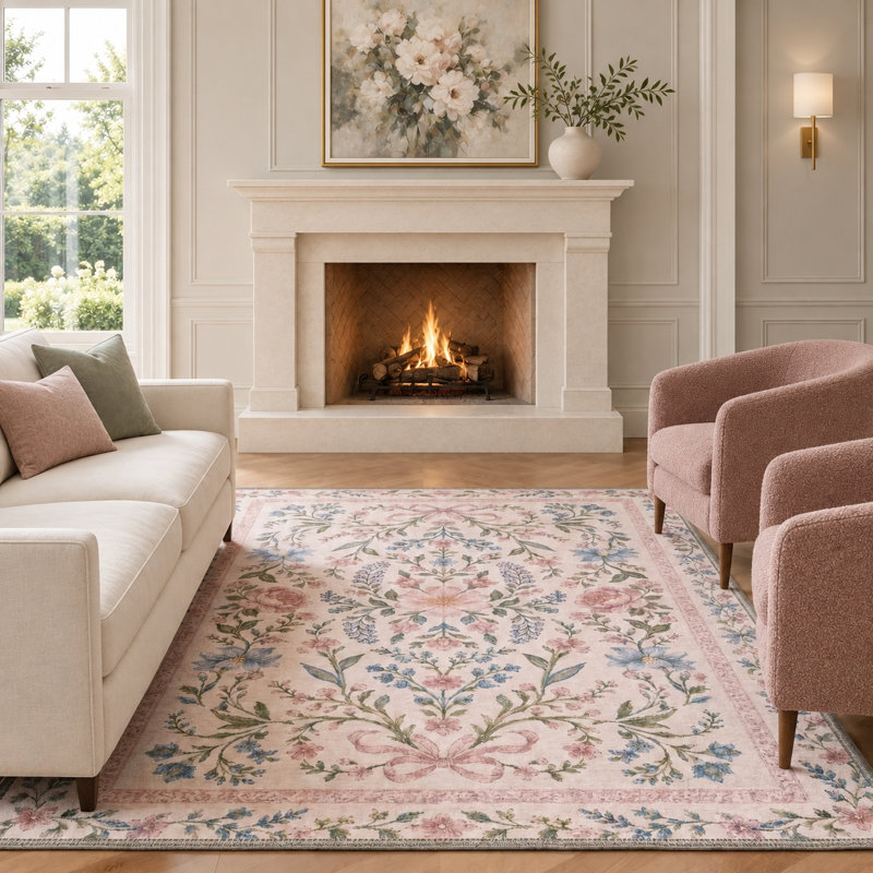 Cottagecore Floral Bow Machine Washable Area Rug, Ivory Pink Botanical Non-Slip Rug for Living Room Bedroom