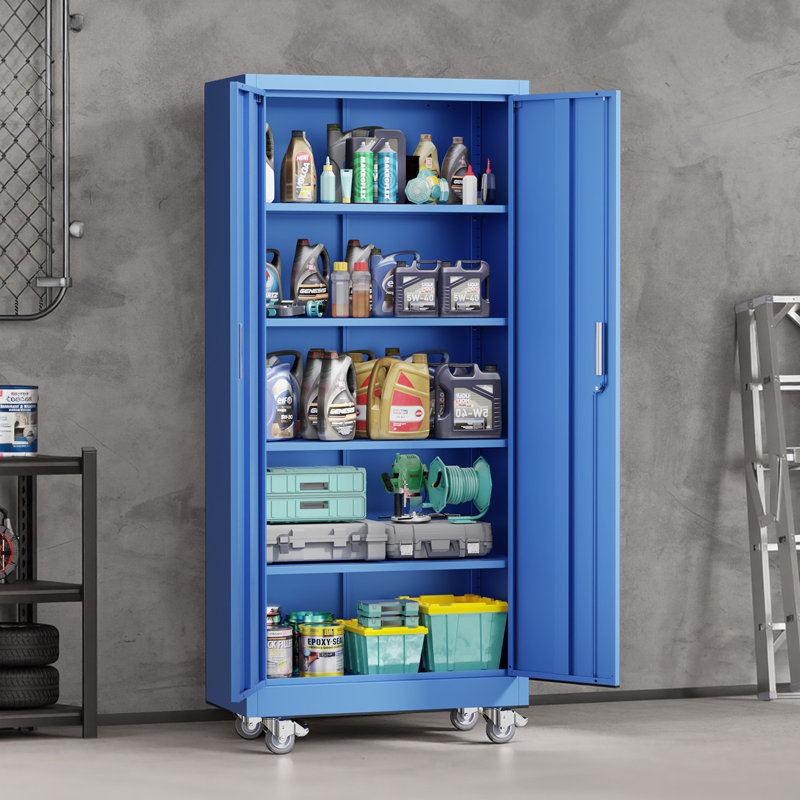 Tool Storage Cabinet Blue Steel Small With Wheels No Corner Guard, Blue