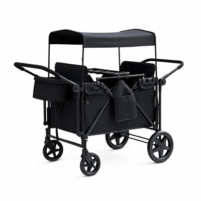 4 Seater Wagon Stroller, Kids Stroller Wagon with Convertible Seats, Footrests, Snack Tray, Removable Canopy and Double Push Handle