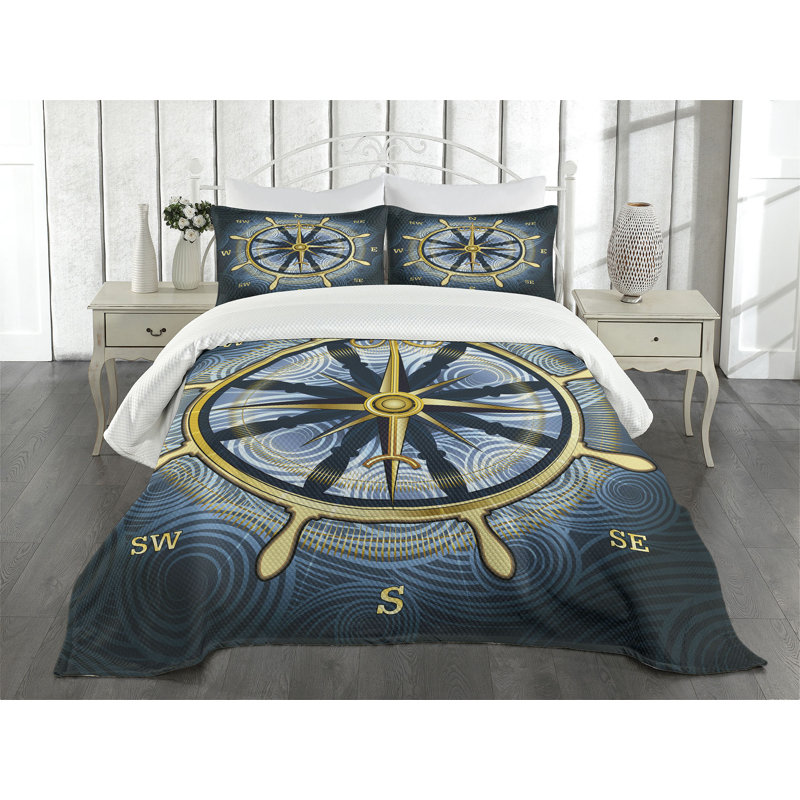 Ambesonne Compass Bedspread Set Yellow Navigation Yellow Navy Blue, King Bedspread + 2 Standard Shams