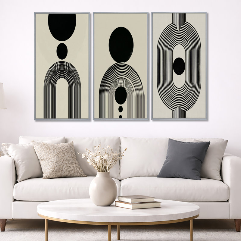 Vortex rétro noir et beige - décoration murale abstraite style Mid-Century 3 pièces, H 40 po x l 60 po, Encadrement argenté