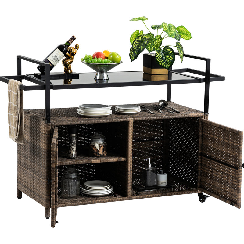Chariot-bar de véranda polyvalent - avec plateau en verre et 360 roulettes pour l'extérieur