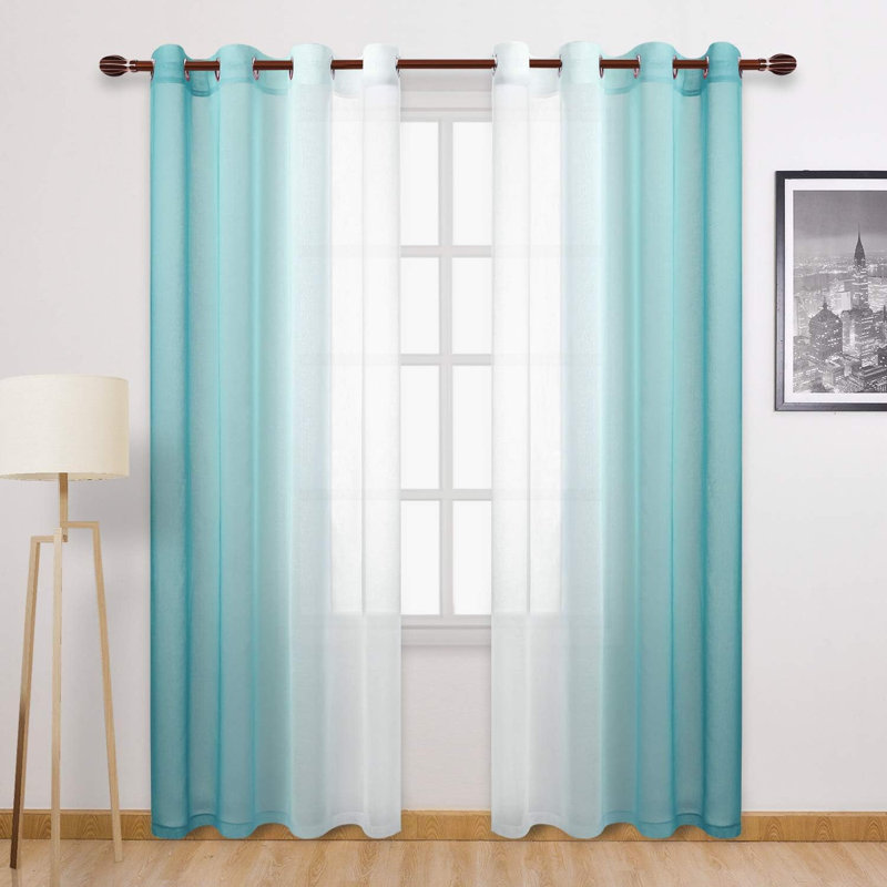 2 Panels Ombre Sheer Curtains Faux Linen Semi Voile Gradient Farmhouse Style Curtains, Grommet Top Window Drape Panels for Bedroom and Living Room