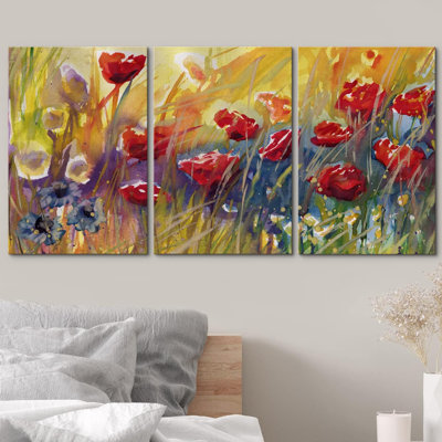 «Red Poppy Flowers In The Field Modern Abstract Landscape Multicolor Home Decor on Canvas», reproduction de 3 pièces