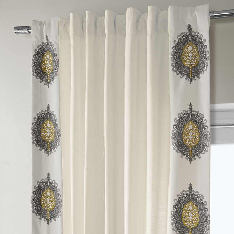 Gilded Medallion Solid Cotton Light Filtering Bordered  Curtains - Single Panel, 50" W x 108" L