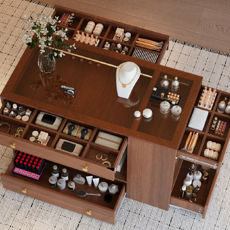 Îlot de garde-robe avec 6 tiroirs, îlot de garde-robe pour armoire avec plateau en verre et tablettes ouvertes, îlot de rangement pour bijoux avec compartiments, îlot de rangement