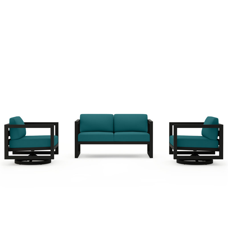 Avion 3 Piece Loveseat Set With Swivel, Slate, Spectrum Peacock Sunbrella® Plainweave