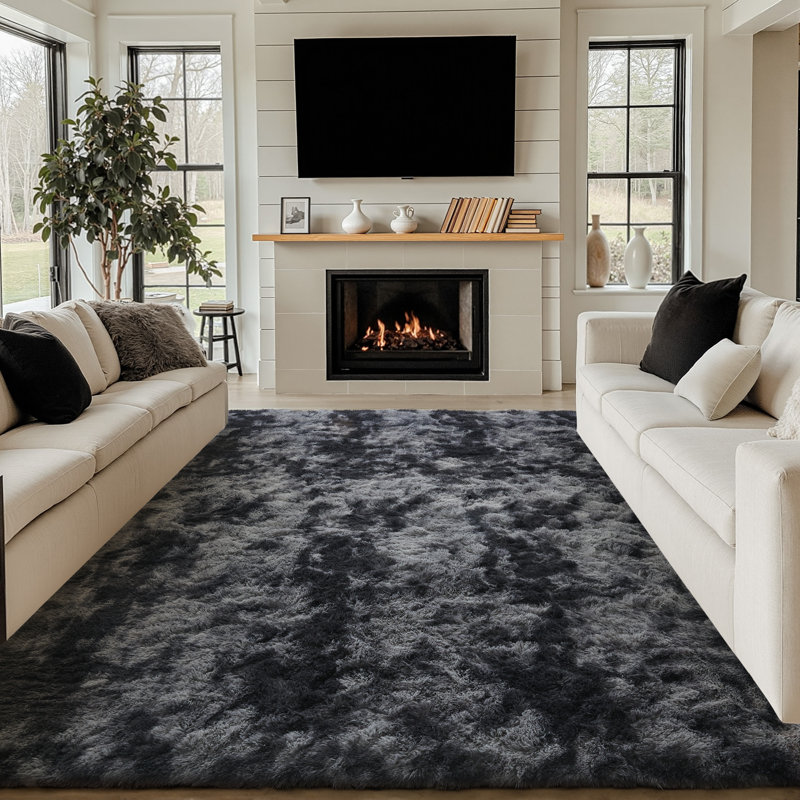 Tapis à poil long Tie Dye, Rectangulaire 8 pi x 10 pi, Noir