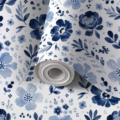 Papier de contact à peler et coller avec aquarelle florale bleue, fleurs peintes à la main, feuilles autocollantes et amovibles 24 po x 118 po (60 x 300 cm)