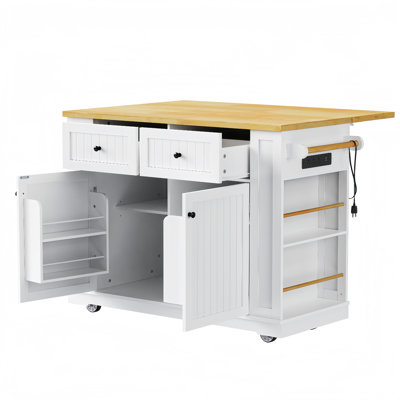 Grand îlot de cuisine 48 pouces avec 2 tabourets de bar, prise de courant, support de rangement interne pour porte, chariot de rangement pour cuisine, salle à manger, blanc