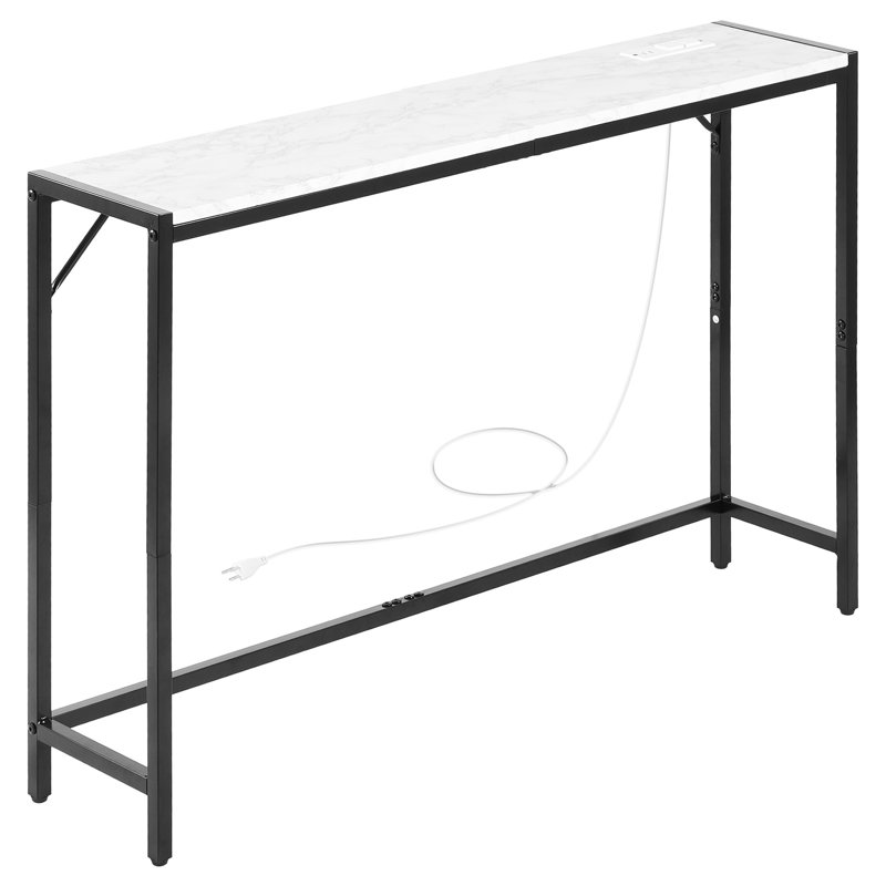 Console en marbre avec prise électrique intégrée, design moderne et allongé, idéale pour les petits espaces. Plateau blanc imitation marbre, pattes ajustables, étroite et allongée, avec fonction de charge.