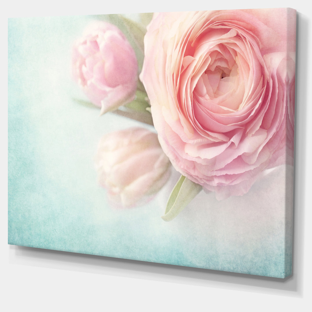 " Pink Flowers Against Blue Background " Design Art 