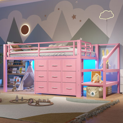 Lits gain d'espace avec rangement, lit mezzanine moderne en métal rose et MDF, pour la maison