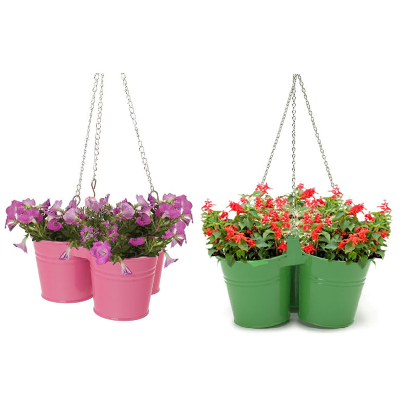 Jardinière suspendue en acier galvanisé émaillé, Vert pomme / rose vif, H 24 po x l 12 po x P 12 po