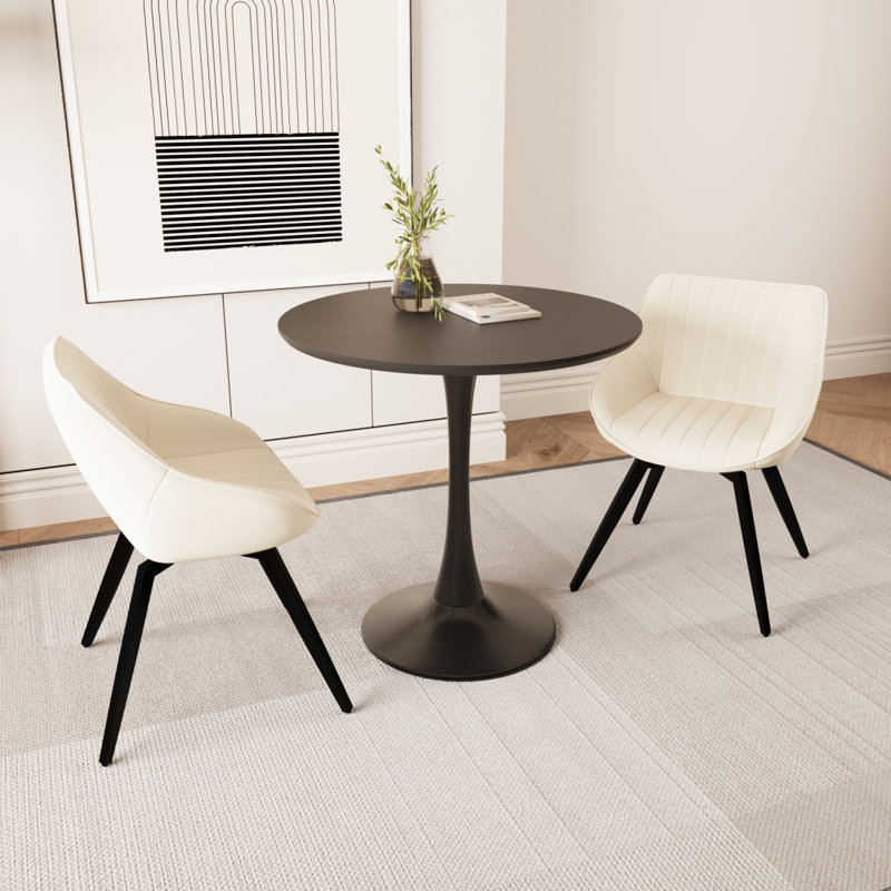 Ensemble de table de salle à manger 31,5 "en bois aggloméré noir, table de salle à manger Tulip et 2 chaises décoratives en cuir artificiel avec pieds en métal noir, ensemble de table de salle à manger et de chaises pour 2 à 4 personnes