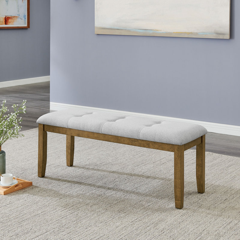 Darla Walnut Oak Dining Bench In Light Gray Fabric With Tufting, Brown Oak, Light Gray