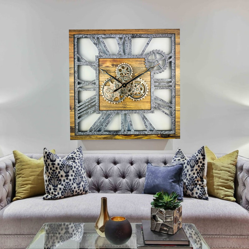 Oversized Square Wood and Stone Gear Wall Clock