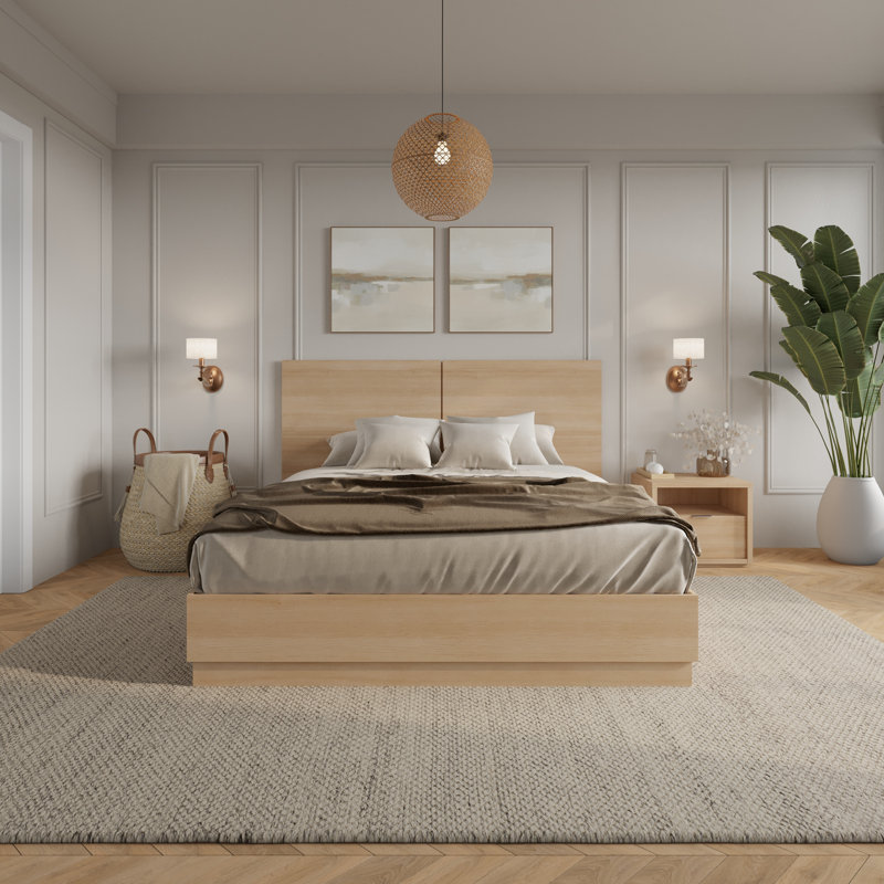 Ensemble de chambre à coucher 2 pièces avec tête de lit Dean, cadre de lit à lattes, 1 table de chevet, Beige, Double 