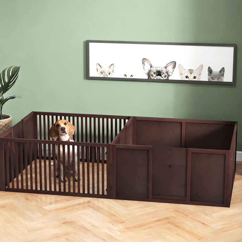 Boîte de mise à l'eau spacieuse pour chien avec deux pièces, pin et matériaux, base antidérapante, portes d'entrée réglables, abri à vent pour chiots, dimensions totales L 81 po x l 39,25 po x H 19,75 po
