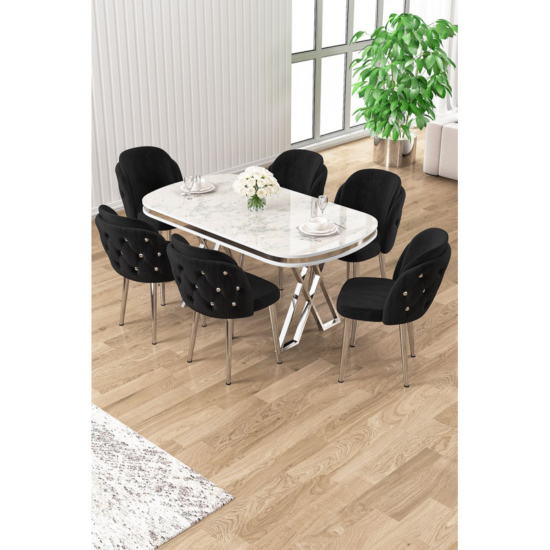 Ensemble de table et chaises de salle à manger (7 pièces), 7 pièces : table, 6 chaises, Noir, Marbre blanc / Chrome