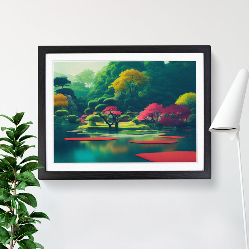 Japanese Garden Pond - Single Picture Frame Painting, 34cm H x 46cm W x 2cm D, Black