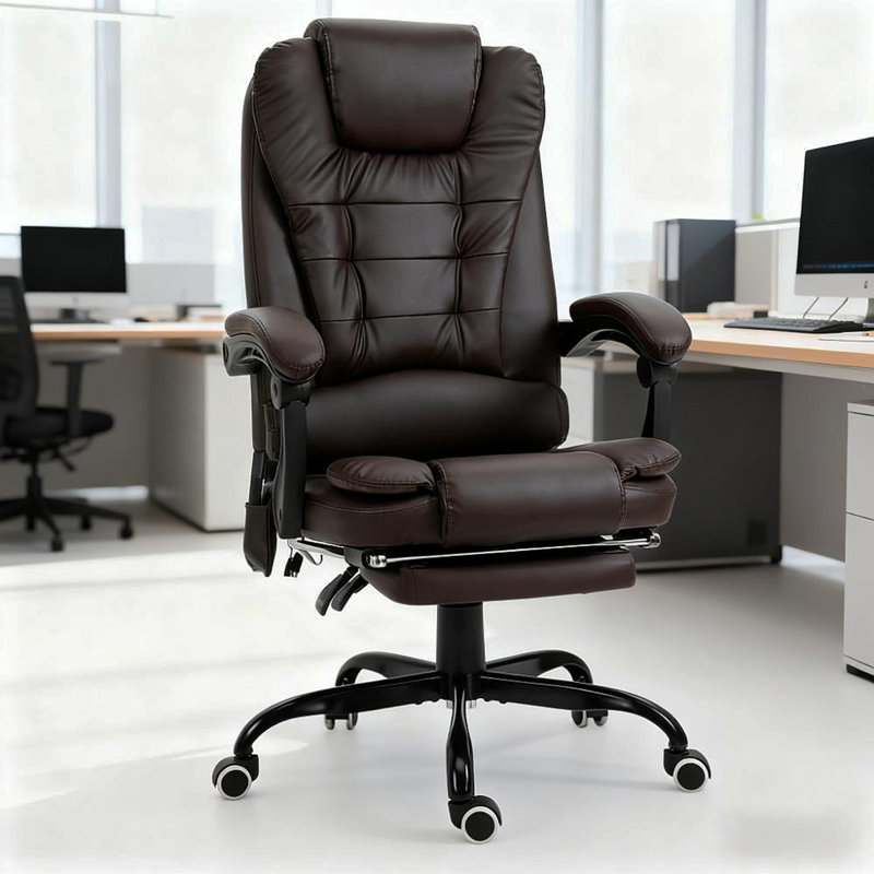 Fauteuil de bureau de massage à haut dossier, fauteuil de massage avec support lombaire, repose-pieds, Faux cuir, Brun