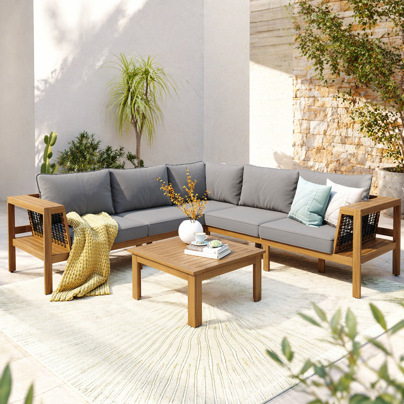 4 Pieces Outdoor Acacia Wood Sofa Set L-Shaped Patio Furniture Sofa Set with Coffee Table Outdoor Conversation Set with Cushions