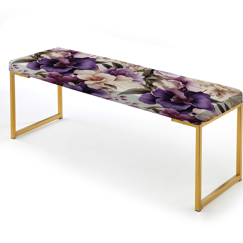 Upholstered Gold Bench, Orchid Oasis Tropical Pattern