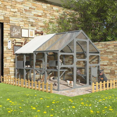 Grande maison pour chat d'extérieur avec 7 plateformes, 2 boîtes de repos, 1 pont et 1 rampe
