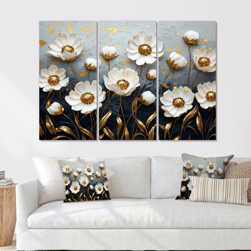 «White Gold Cornflowers Meadow Charm I», ensemble d'art mural, Métal métal, H 28 po x l 36 po x P 1 po