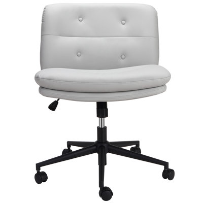 Fauteuil de bureau ergonomique sans accoudoirs, à dossier mi-haut, pivotant et réglable en hauteur, avec roulettes et revêtement en similicuir rembourré. Parfait pour la maison, le bureau, la salle de bain ou la chambre. Design moderne et confortable, gris clair.